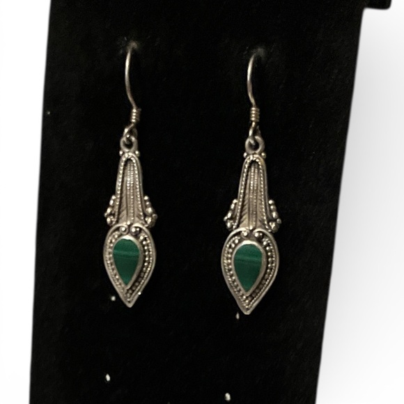 925 Sterling Silver Jewelry - Ornate 925 Sterling Silver Malachite Teardrop Dangle Earrings